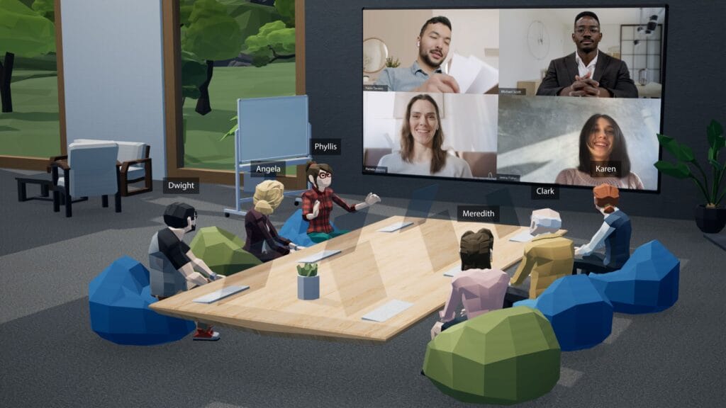 Hybrid collaboration in action. Team members meet in a shared virtual space with remote participants joining via video, reflecting how digital sales rooms connect stakeholders and centralize deal activity.